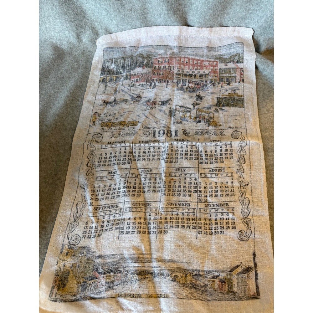 Vintage 1981 Linen Calendar Tea Towel Ohios Oldest Inn Lebanon Ohio 15x26